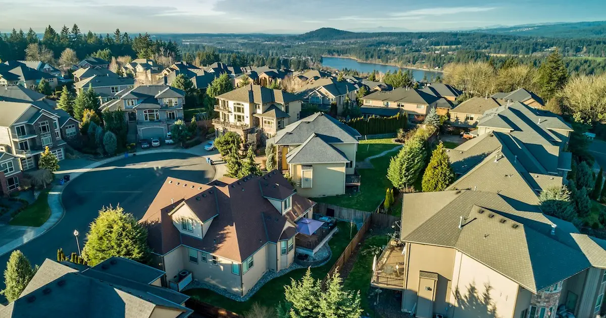 Aerial view of suburban neighborhood.